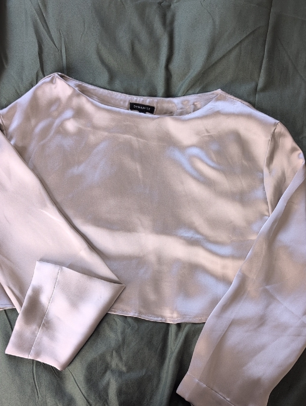 Dynamite Pale Sage Satin Boatneck Long Sleeve Blouse